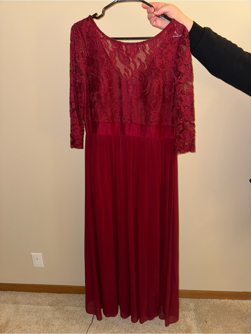Ever Pretty Burgundy Lace Bodice Long Sleeve Maxi Dress